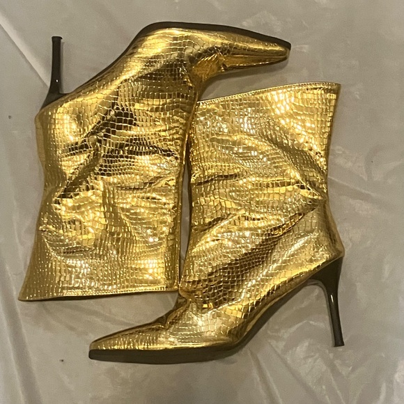 Glamorous Gold Croc-Embossed Heeled Boots - Picture 3 of 9